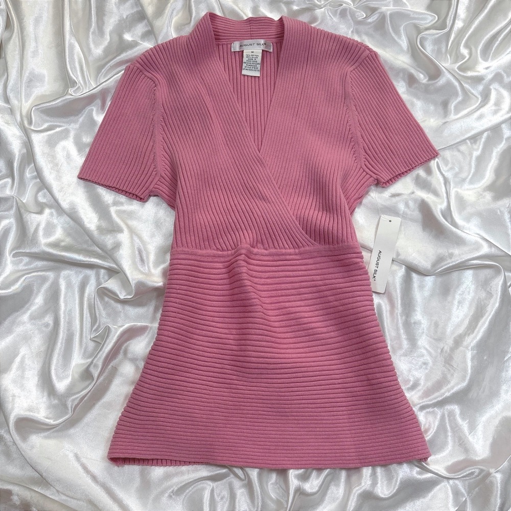 Vintage August Silk Wrap Top Pink NWT Ribbed Short Sleeve Surplice Knit Blouse